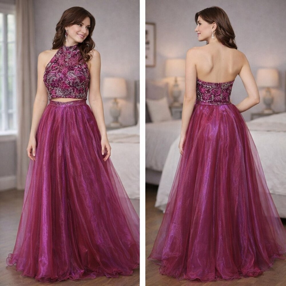 NWT Sherri Hill 50958 Magenta Pink Organza Two Piece Barbiecore Formal Gown $598